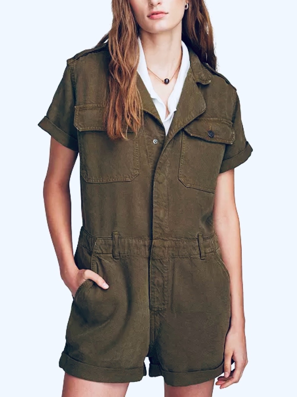 Lucky Brand Utility Shirt Romper Womens Size Small Dark Olive Tencel Snap Button